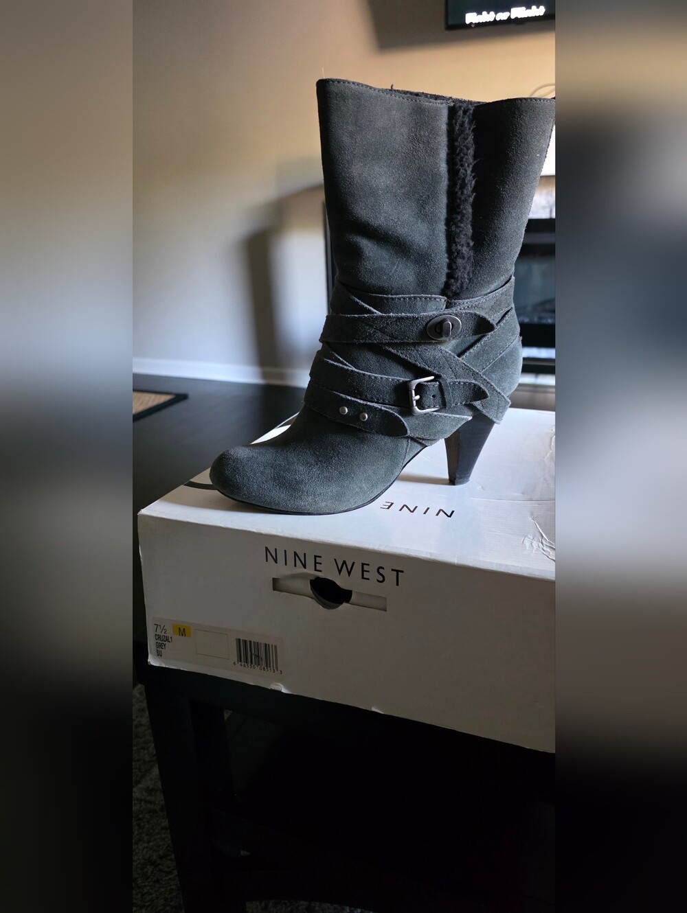 Nine West Charcoal Suede Mid-Heel Ankle Boots with Wrap Straps
